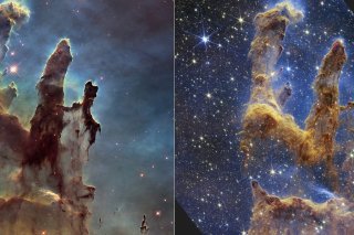 Les "Piliers de la création" sont situés à 6500 années lumières de la Terre. Le télescope James Webb a révélé mercredi son premier cliché de ces immenses structures de gaz et de poussière. A gauche, l'image prise en 2014, à droite l'actuelle....