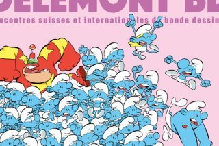 Du Grand Schtroumpf à la Schtroumpfette, tous les petits lutins bleus apparaissent sur l'affiche de la 9e édition de Delémont'BD créée par Tebo.