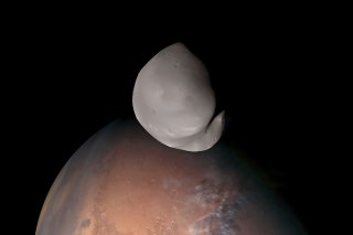 Cette image composite fournie par l'Agence spatiale des Émirats arabes unis montre la lune martienne Deimos au premier plan. C'est la première fois depuis 1977 qu'un engin spatial survole de si près ce satellite naturel rarement observé.