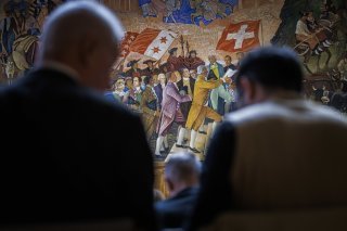 La fresque d'Ernest Bieler montrant l'entrée du Valais dans la Confédération est photographiée alors que la Constituante du canton du Valais est réunie lors de sa dernière séance plénière, avril 2023. Image d'illustration