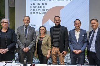 Six ministres de la culture cantonaux de Suisse romande étaient présents vendredi à Lausanne, avec en plus la ministre tessinoise qui est intervenue par vidéoconférence. Keystone/MARTIAL TREZZINI